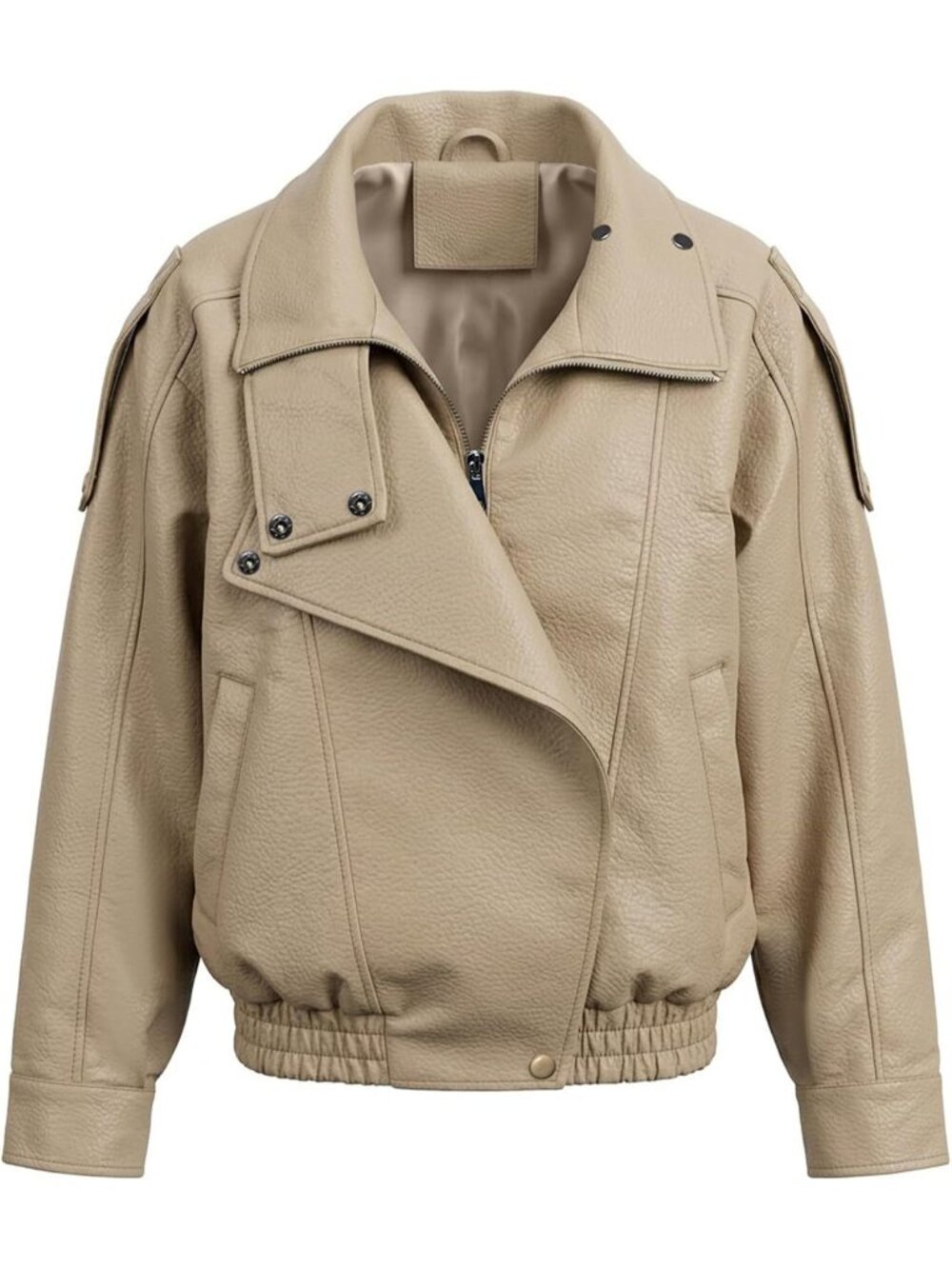 Women's Khaki Faux Leather Bomber Jacket Pebble Grain Texture Relaxed Oversized